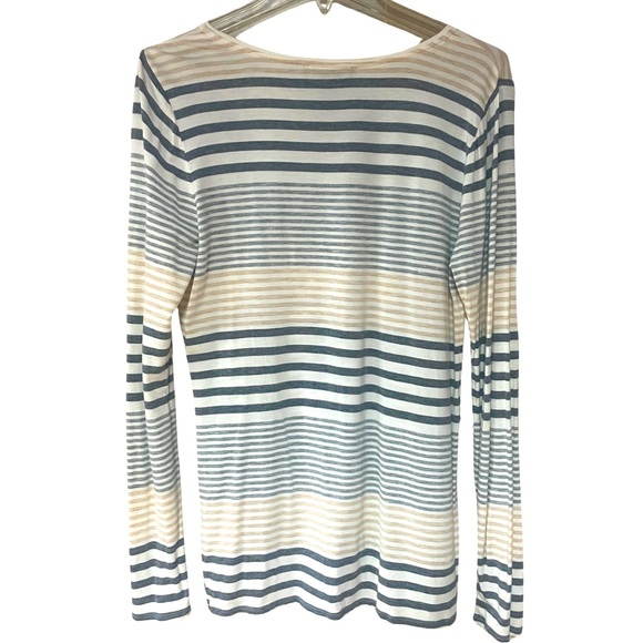 White House Black Market Grey White Beige Stripe V-Neck Pullover Top Sz L - Picture 2 of 5